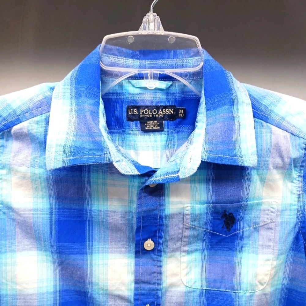 U.S. Polo Assn. Blue Plaid Button Down Shirt Front Pocket Logo Boys 8.......... - Picture 2 of 10